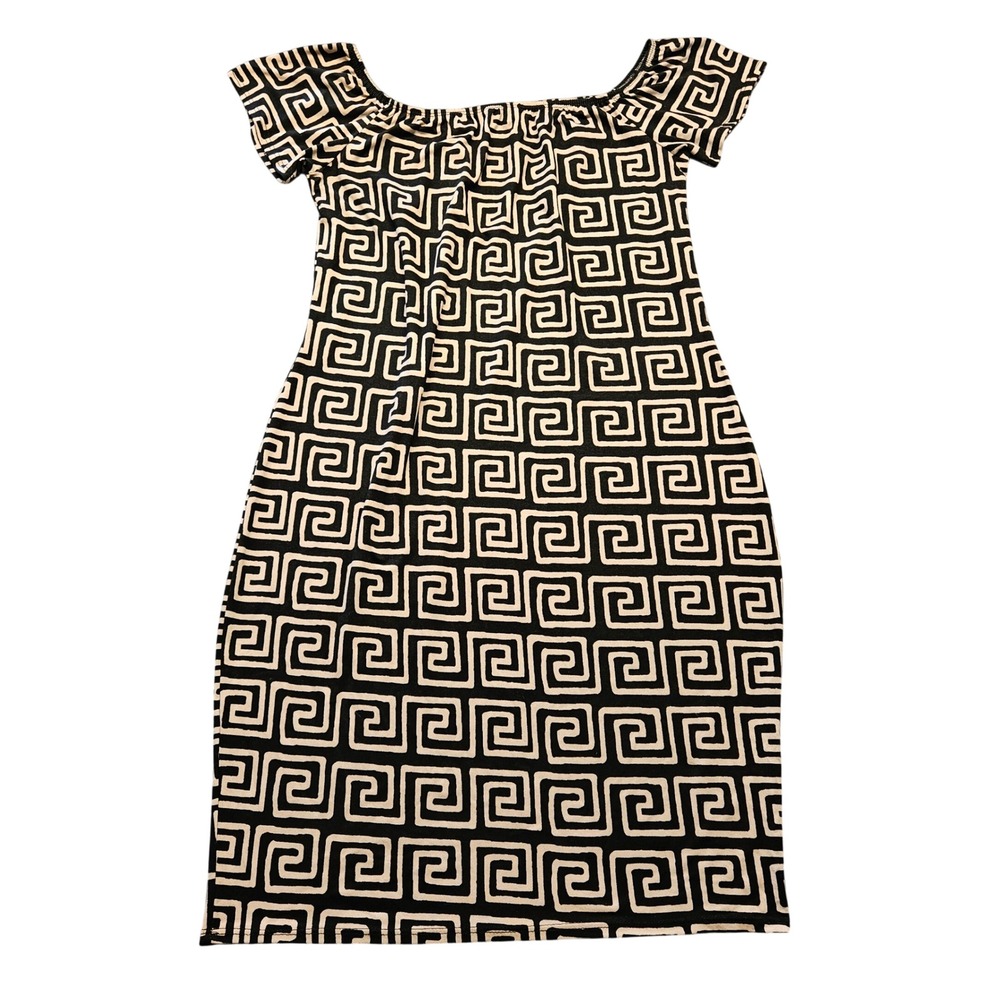 VTG Arabella Greek Key Geometric Print Off Shoulder Bodycon Dress Black 1X USA